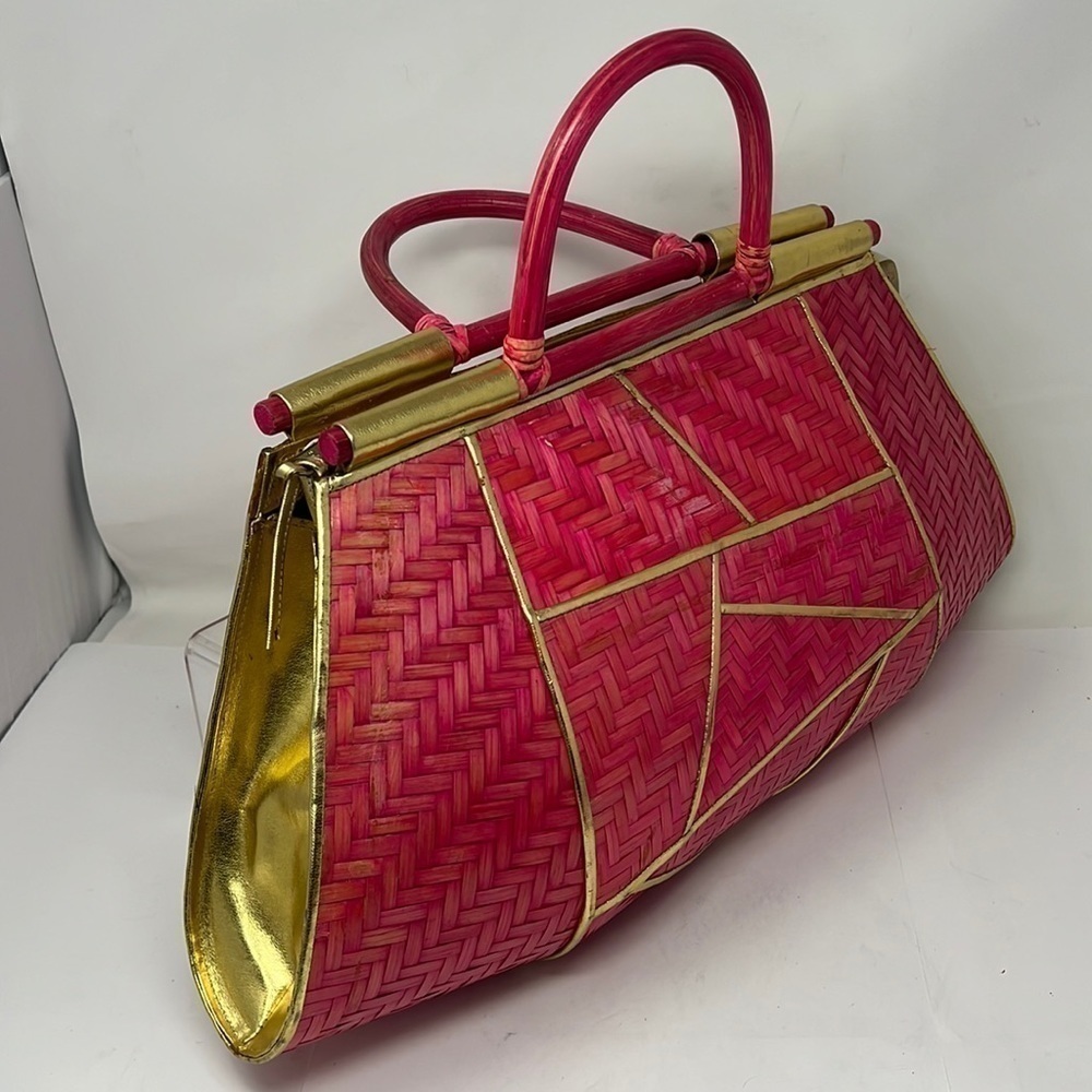 Pink Rattan Gold Lame Leather Zip Large Structured Handbag - Picture 2 of 16
